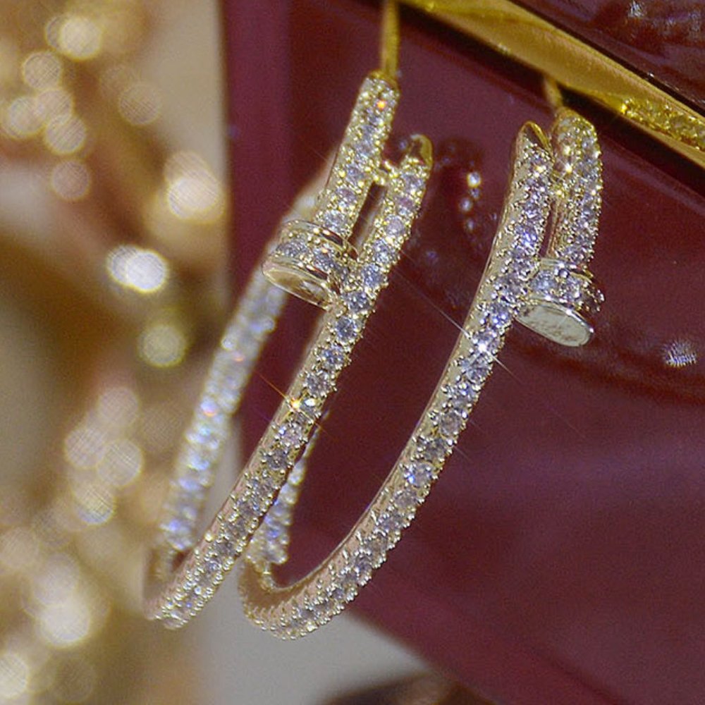 NEW 14K Gold Plated Round Diamond Nail Hoop Earrings - Picture 1 of 11